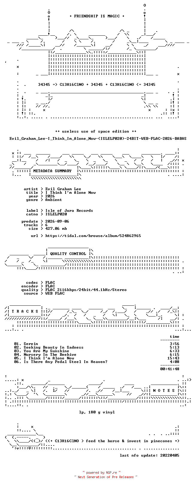 NFO for the release Evil_Graham_Lee-I_Think_Im_Alone_Now-(ISLELP020)-24BIT-WEB-FLAC-2026-BABAS by BABAS