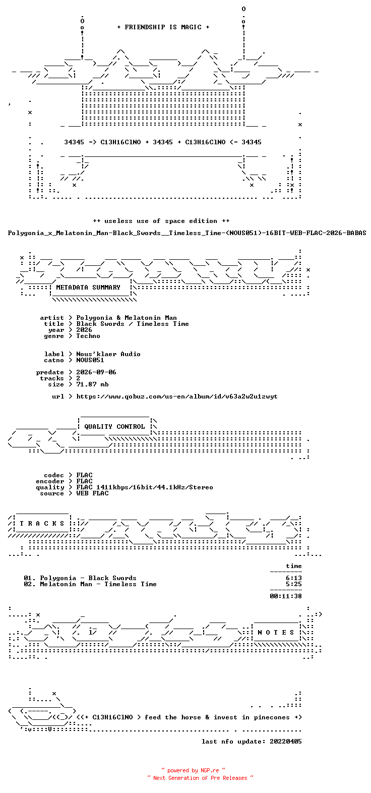 NFO for the release Polygonia_x_Melatonin_Man-Black_Swords__Timeless_Time-(NOUS051)-16BIT-WEB-FLAC-2026-BABAS by BABAS