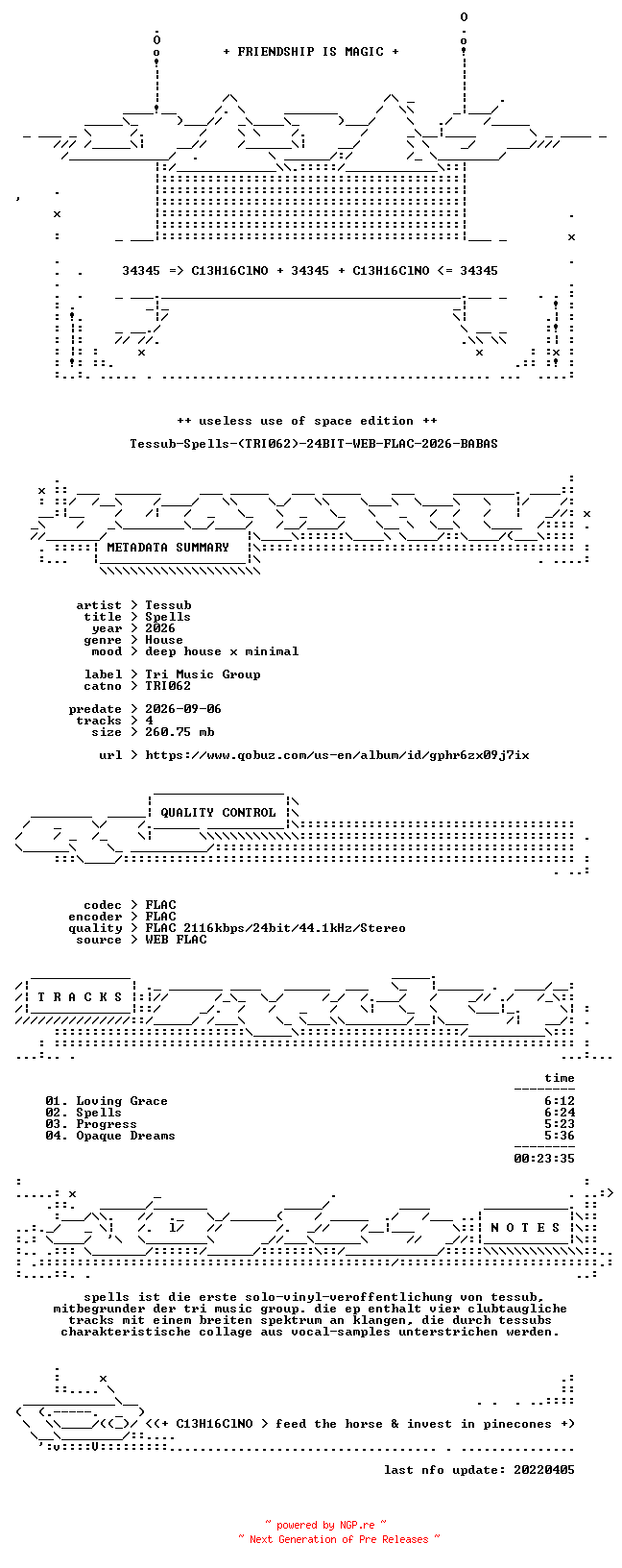 NFO for the release Tessub-Spells-(TRI062)-24BIT-WEB-FLAC-2026-BABAS by BABAS
