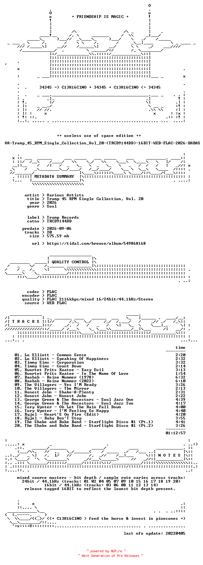 NFO for the release VA-Tramp_45_RPM_Single_Collection_Vol_20-(TRCD9144DD)-16BIT-WEB-FLAC-2026-BABAS by BABAS