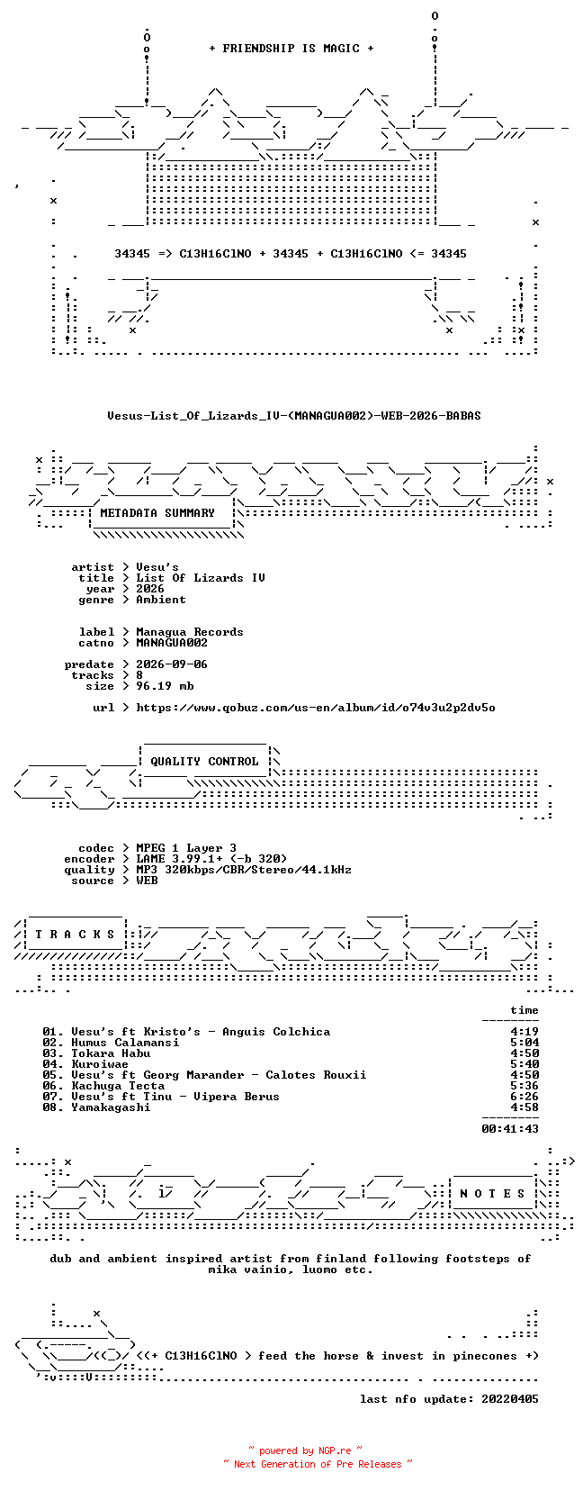 NFO for the release Vesus-List_Of_Lizards_IV-(MANAGUA002)-WEB-2026-BABAS by BABAS