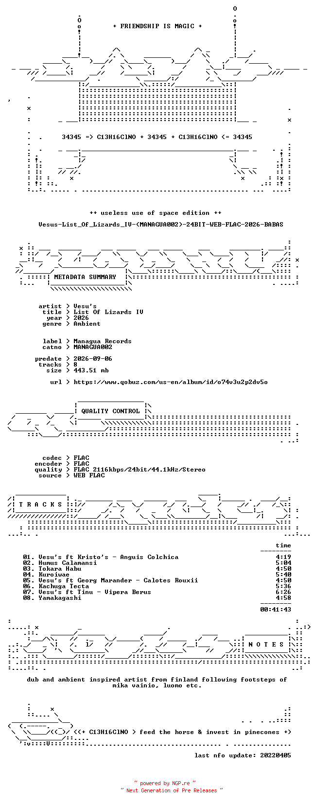 NFO for the release Vesus-List_Of_Lizards_IV-(MANAGUA002)-24BIT-WEB-FLAC-2026-BABAS by BABAS
