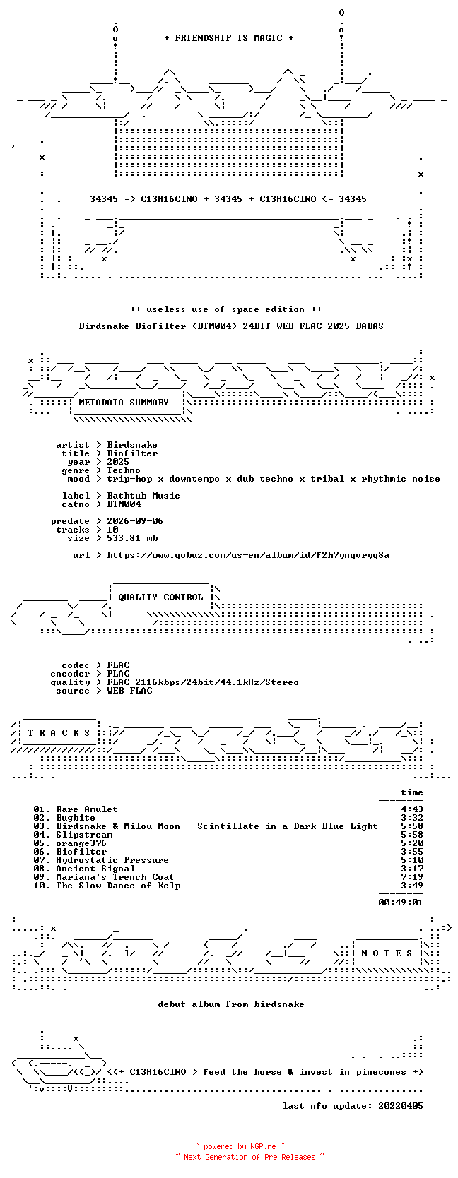 NFO for the release Birdsnake-Biofilter-(BTM004)-24BIT-WEB-FLAC-2025-BABAS by BABAS