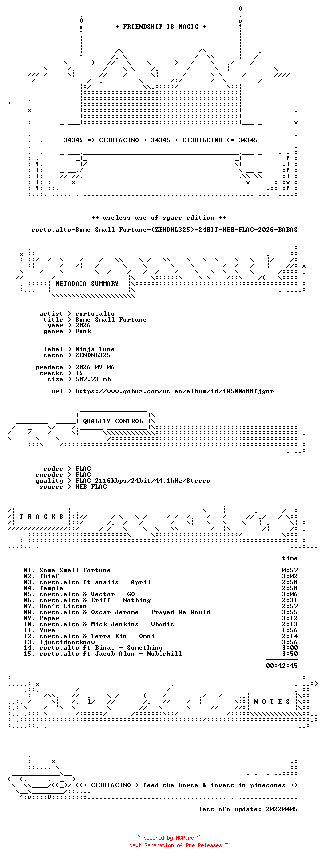 NFO for the release corto.alto-Some_Small_Fortune-(ZENDNL325)-24BIT-WEB-FLAC-2026-BABAS by BABAS