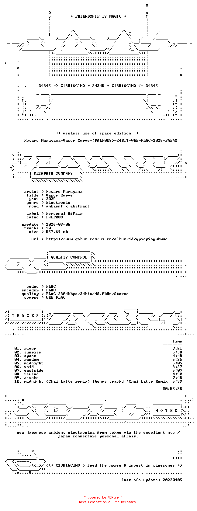 NFO for the release Kotaro_Maruyama-Vapor_Curve-(PALP008)-24BIT-WEB-FLAC-2025-BABAS by BABAS