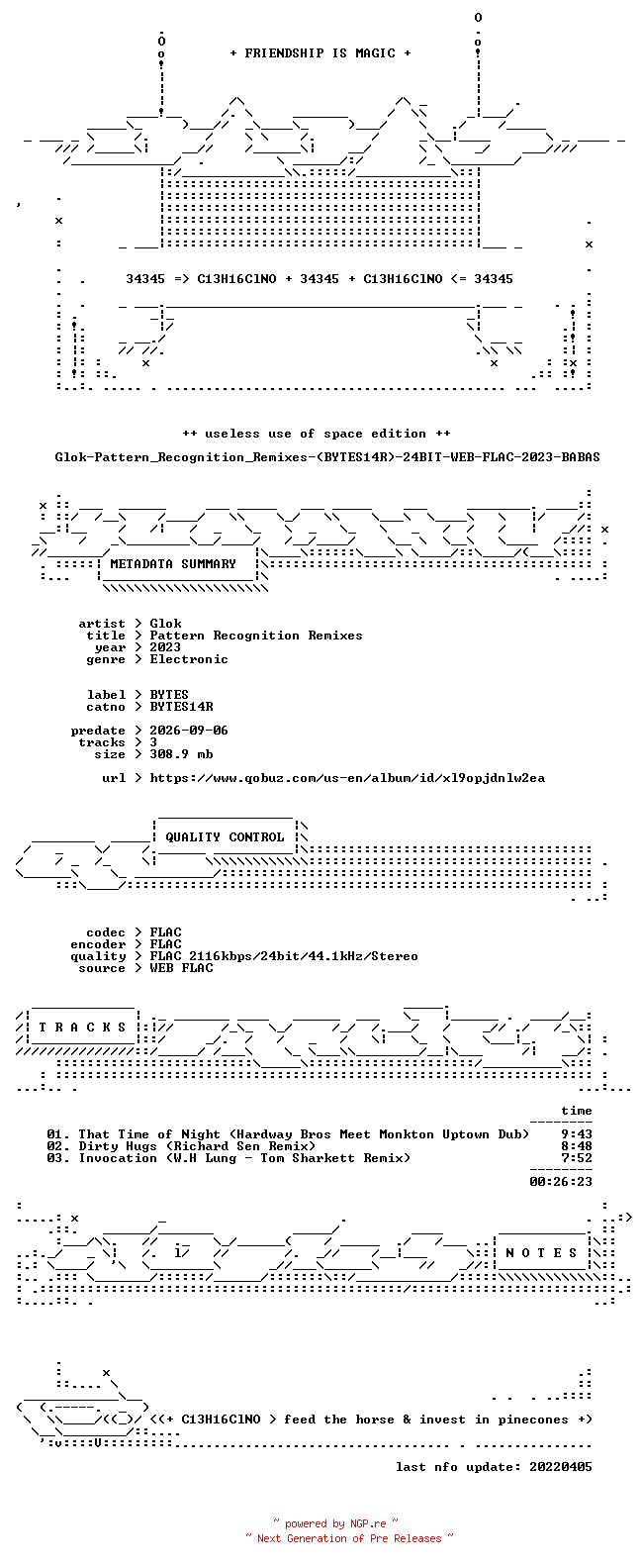 NFO for the release Glok-Pattern_Recognition_Remixes-(BYTES14R)-24BIT-WEB-FLAC-2023-BABAS by BABAS