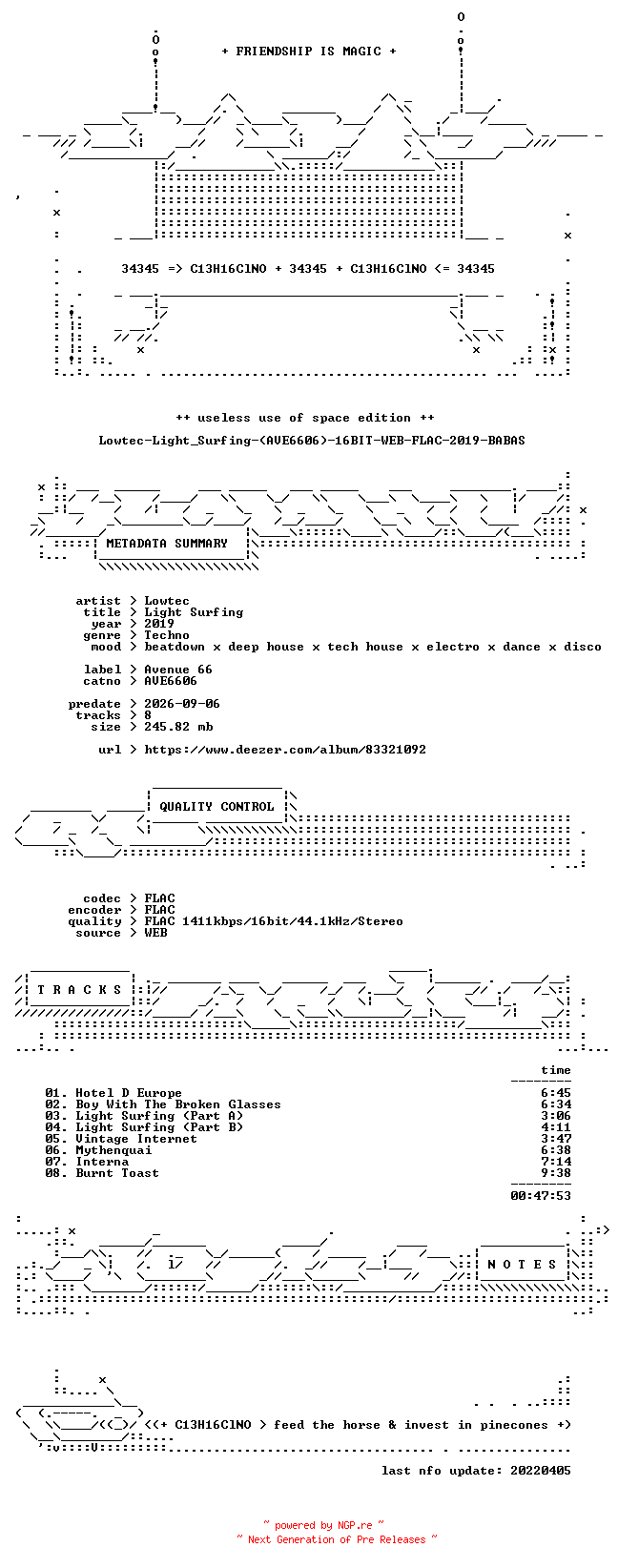 NFO for the release Lowtec-Light_Surfing-(AVE6606)-16BIT-WEB-FLAC-2019-BABAS by BABAS