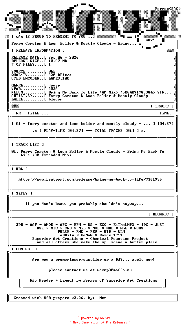 NFO for the release Ferry_Corsten_and_Leon_Bolier_and_Mostly_Cloudy-Bring_Me_Back_To_Life_(AM_Mix)-(5064091783384)-SINGLE-WEB-2026-wAx by wAx