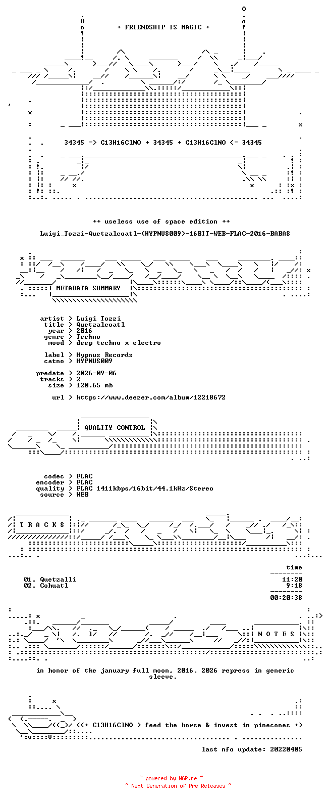 NFO for the release Luigi_Tozzi-Quetzalcoatl-(HYPNUS009)-16BIT-WEB-FLAC-2016-BABAS by BABAS