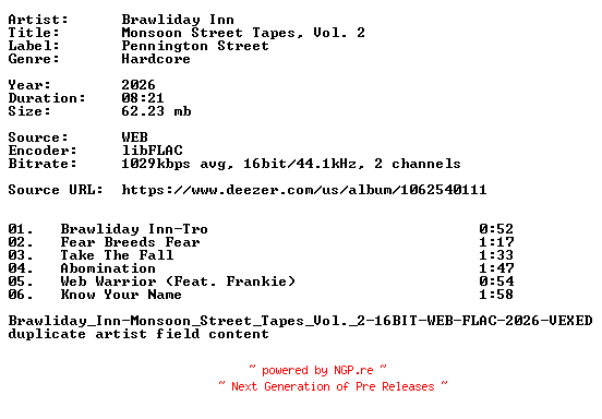 NFO for the release Brawliday_Inn-Monsoon_Street_Tapes_Vol._2-REPACK-16BIT-WEB-FLAC-2026-VEXED by VEXED