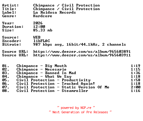 NFO for the release Chimpance__Civil_Protection-Chimpance__Civil_Protection-Split-16BIT-WEB-FLAC-2026-VEXED by VEXED