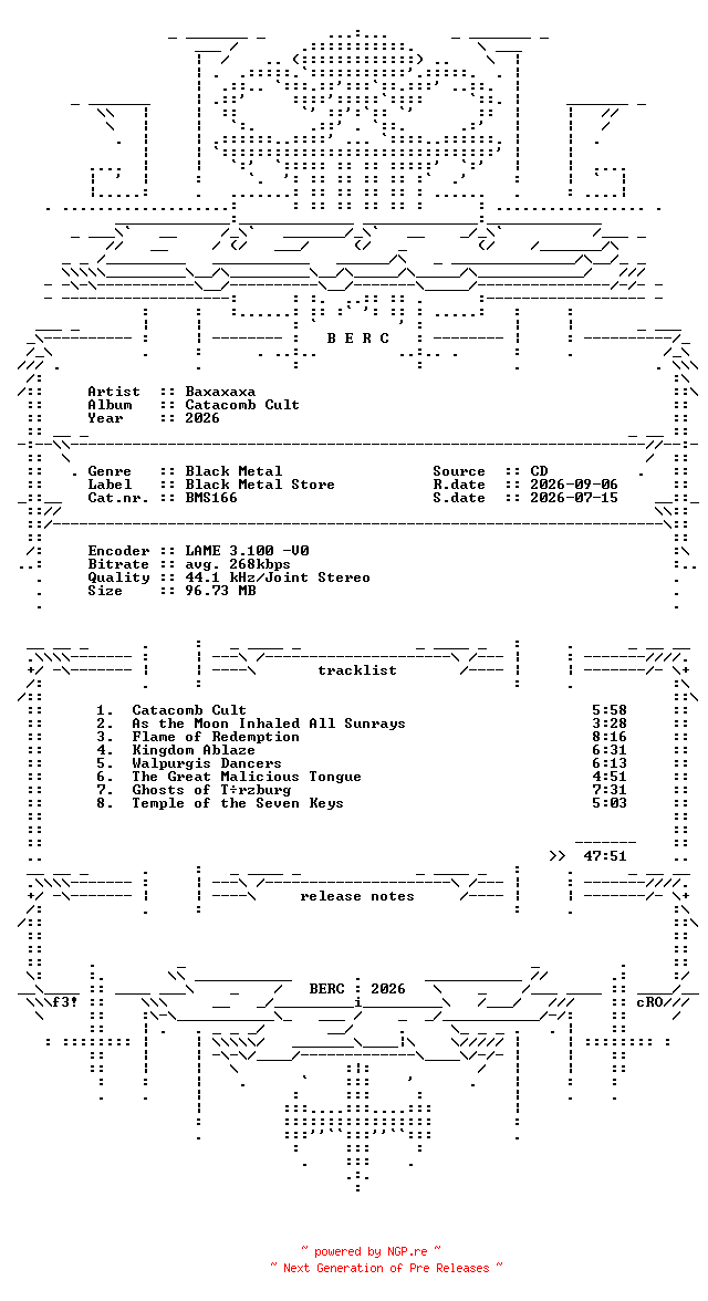 NFO for the release Baxaxaxa-Catacomb_Cult-Reissue-2026-BERC by BERC