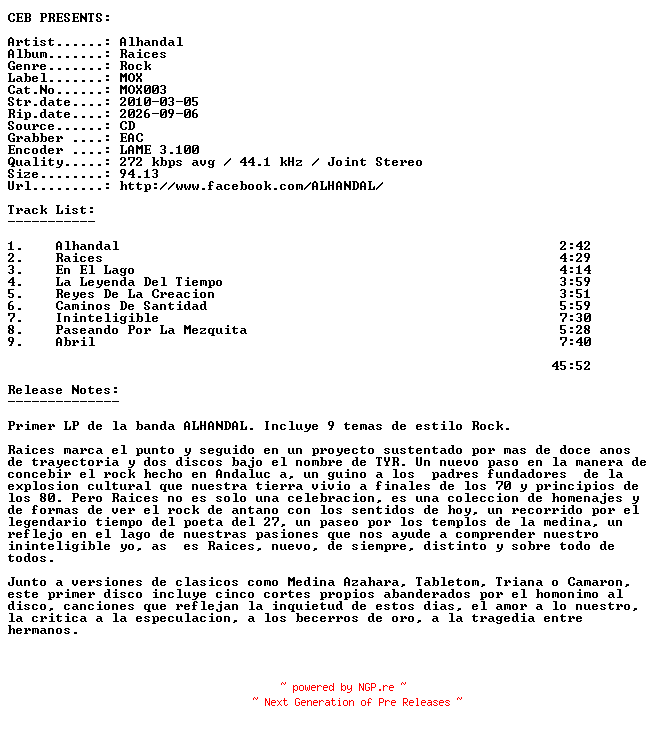 NFO for the release Alhandal-Raices-(MOX003)-ES-CD-2010-CEB by CEB