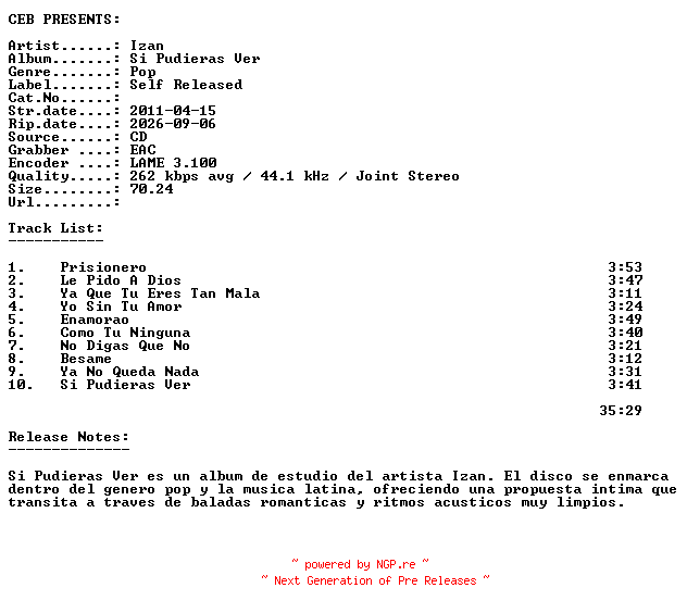 NFO for the release Izan-Si_Pudieras_Ver-ES-CD-2011-CEB by CEB