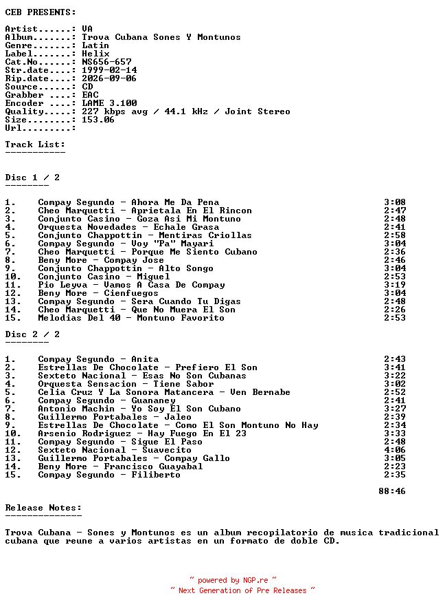 NFO for the release VA-Trova_Cubana_Sones_Y_Montunos-(NS656-657)-ES-2CD-1999-CEB by CEB
