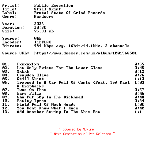 NFO for the release Public_Execution-Still_Skint-16BIT-WEB-FLAC-2026-VEXED by VEXED