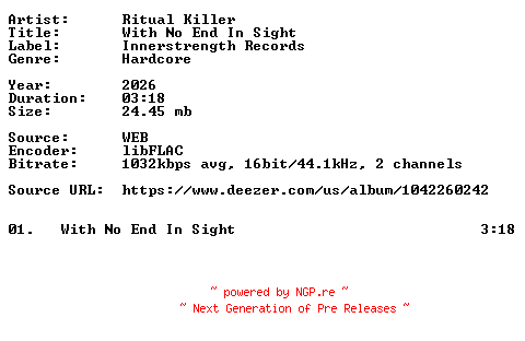 NFO for the release Ritual_Killer-With_No_End_In_Sight-Single-16BIT-WEB-FLAC-2026-VEXED by VEXED