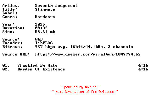 NFO for the release Seventh_Judgement-Stigmata-Demo-16BIT-WEB-FLAC-2026-VEXED by VEXED
