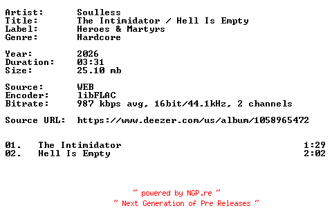 NFO for the release Soulless-The_Intimidator__Hell_Is_Empty-16BIT-WEB-FLAC-2026-VEXED by VEXED