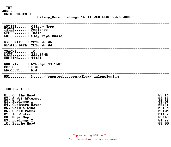 NFO for the release Gilroy_Mere-Furlongs-16BIT-WEB-FLAC-2026-JADED by JADED