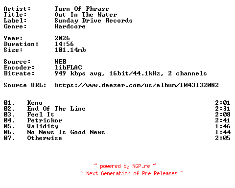 NFO for the release Turn_Of_Phrase-Out_In_The_Water-16BIT-WEB-FLAC-2026-VEXED by VEXED