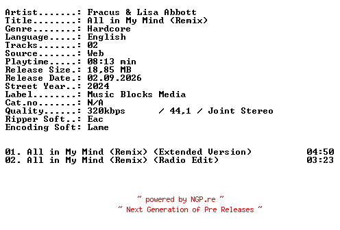 NFO for the release Fracus_and_Lisa_Abbott-All_in_My_Mind_(Remix)-WEB-2024-XTC_iNT by XTC_iNT