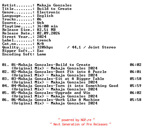 NFO for the release Makaja_Gonzales-Build_to_Create-WEB-2024-XTC_iNT by XTC_iNT