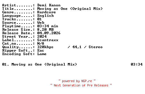 NFO for the release Demi_Kanon-Moving_as_One_(Original_Mix)-SINGLE-WEB-2024-XTC_iNT by XTC_iNT