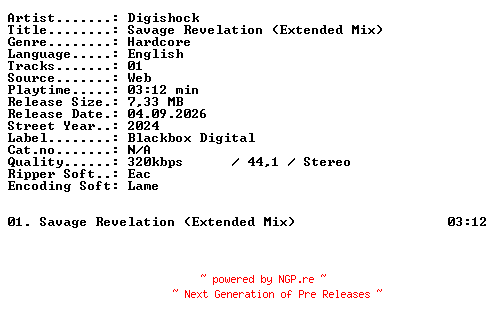 NFO for the release Digishock-Savage_Revelation_(Extended_Mix)-SINGLE-WEB-2024-XTC_iNT by XTC_iNT