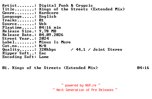 NFO for the release Digital_Punk_and_Crypsis-Kings_of_the_Streets_(Extended_Mix)-SINGLE-WEB-2024-XTC_iNT by XTC_iNT