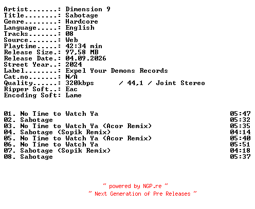 NFO for the release Dimension_9-Sabotage-WEB-2024-XTC_iNT by XTC_iNT