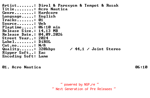 NFO for the release Dirol_and_Paroxysm_and_Tempot_and_Rusak-Acro_Nautica-SINGLE-WEB-2024-XTC_iNT by XTC_iNT