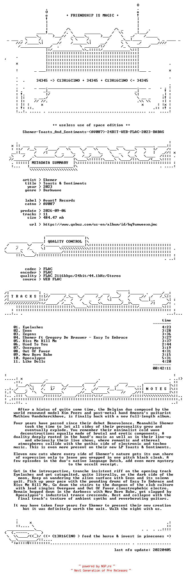 NFO for the release Skemer-Toasts_And_Sentiments-(AV087)-24BIT-WEB-FLAC-2023-BABAS by BABAS