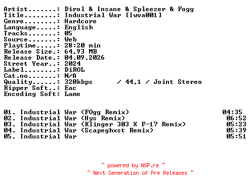 NFO for the release Dirol_and_Insane_and_Spleezer_and_Fogg-Industrial_War_(Iwva001)-WEB-2024-XTC_iNT by XTC_iNT