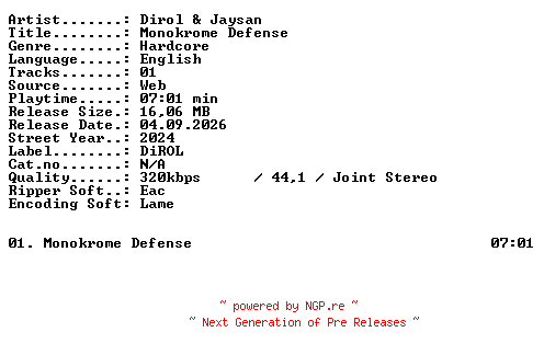 NFO for the release Dirol_and_Jaysan-Monokrome_Defense-SINGLE-WEB-2024-XTC_iNT by XTC_iNT