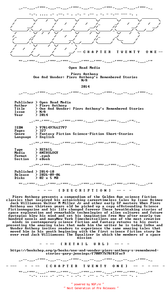 NFO for the release Open.Road.Media.-.One.And.Wonder.Piers.Anthonys.Remembered.Stories.2014.RETAIL.EPUB.eBook-CTO by CTO