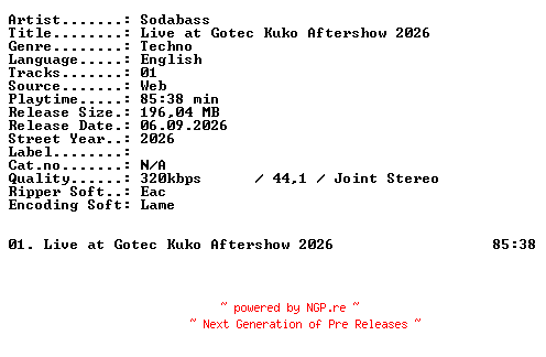 NFO for the release SODABASS-Live_at_GOTEC_KUKO_AFTERSHOW_2026-WEB-2026-XTC_iNT by XTC_iNT