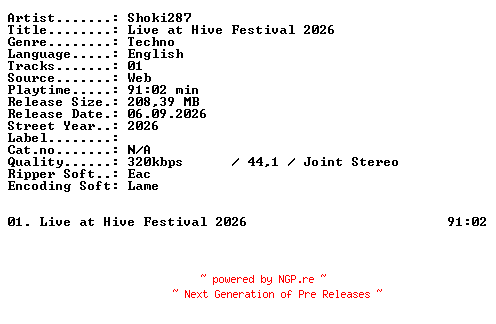NFO for the release SHOKI287-Live_at_HIVE_Festival_2026-WEB-2026-XTC_iNT by XTC_iNT