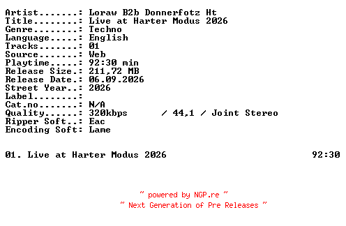 NFO for the release LORAW_B2B_DONNERFOTZ_HT-Live_at_HARTER_MODUS_2026-WEB-2026-XTC_iNT by XTC_iNT