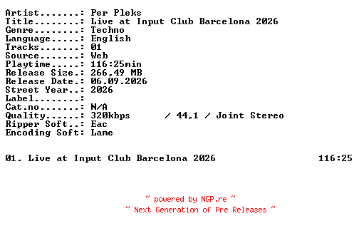 NFO for the release PER_PLEKS-Live_at_INPUT_CLUB_BARCELONA_2026-WEB-2026-XTC_iNT by XTC_iNT