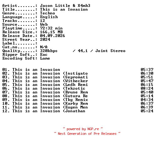 NFO for the release Jason_Little_and_X4mb3-This_is_an_Invasion-WEB-2024-XTC_iNT by XTC_iNT