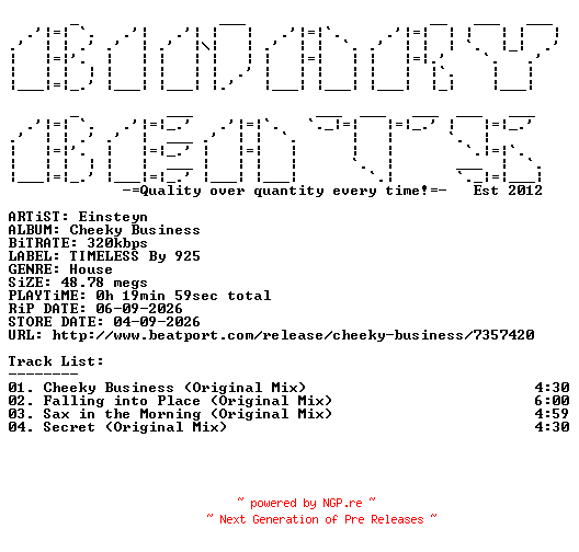 NFO for the release Einsteyn-Cheeky_Business-(TIMELESS006)-WEB-2026-BB by BB