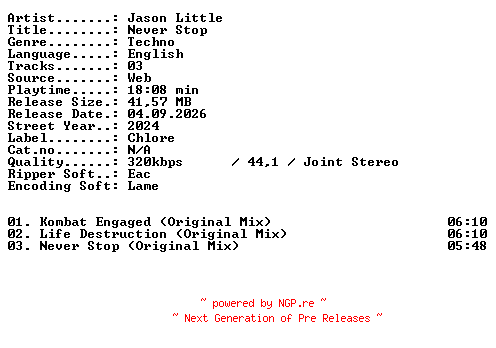 NFO for the release Jason_Little-Never_Stop-WEB-2024-XTC_iNT by XTC_iNT