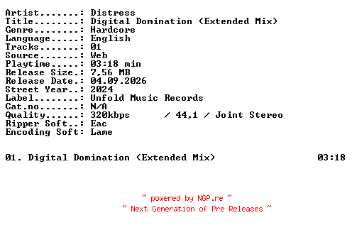 NFO for the release Distress-Digital_Domination_(Extended_Mix)-SINGLE-WEB-2024-XTC_iNT by XTC_iNT