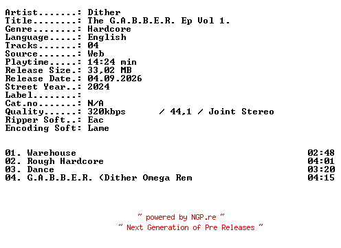 NFO for the release Dither-The_GABBER_Ep_Vol_1-WEB-2024-XTC_iNT by XTC_iNT
