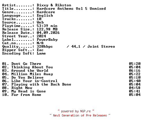 NFO for the release Dixxy_and_Rikston-Hardcore_Anthems_Vol_5_Unmixed-WEB-2024-XTC_iNT by XTC_iNT
