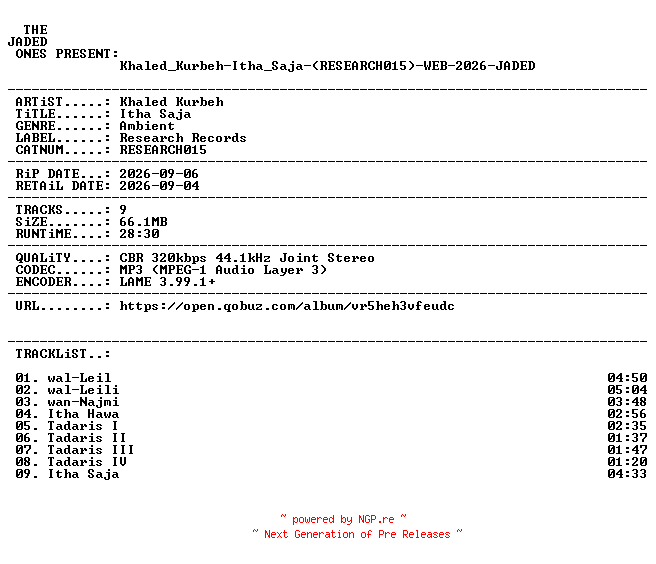 NFO for the release Khaled_Kurbeh-Itha_Saja-(RESEARCH015)-WEB-2026-JADED by JADED