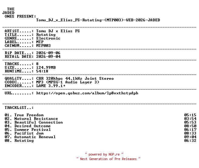NFO for the release Tomu_DJ_x_Elias_FS-Rotating-(MTP003)-WEB-2026-JADED by JADED