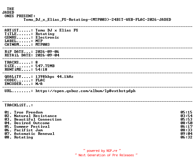 NFO for the release Tomu_DJ_x_Elias_FS-Rotating-(MTP003)-24BIT-WEB-FLAC-2026-JADED by JADED