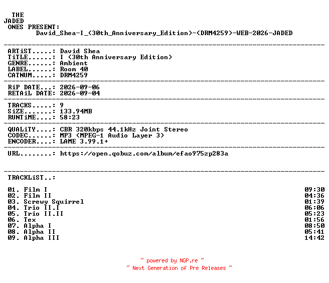 NFO for the release David_Shea-I_(30th_Anniversary_Edition)-(DRM4259)-WEB-2026-JADED by JADED